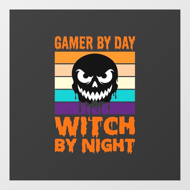 Gamer Witch Halloween Retro Skull Window Cling (Sheet)