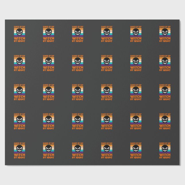 Gamer Witch Halloween Retro Skull Wrapping Paper (Flat)