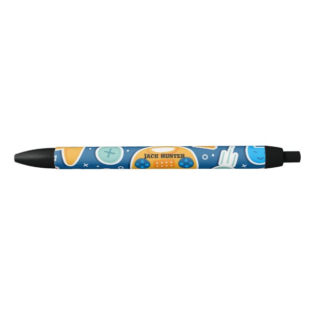 Gamers Blue Video Game Pattern Personalised Black Ink Pen (Front)