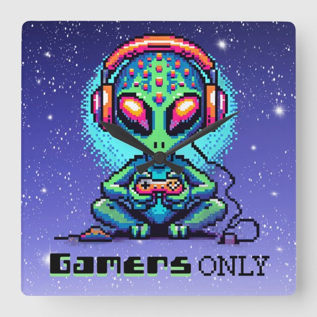 Gamers Only | Pixel Art Alien  Square Wall Clock (Front)