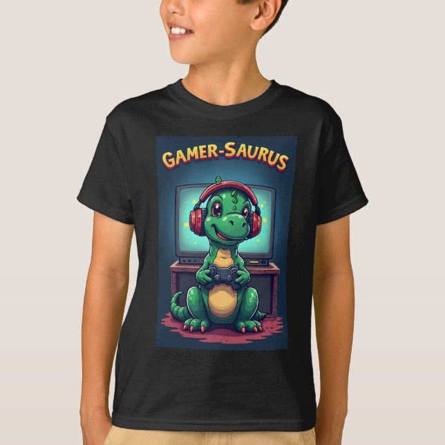 GamerSaurus, Cute Cartoon Dinosaur Gaming Design T-Shirt (Front)