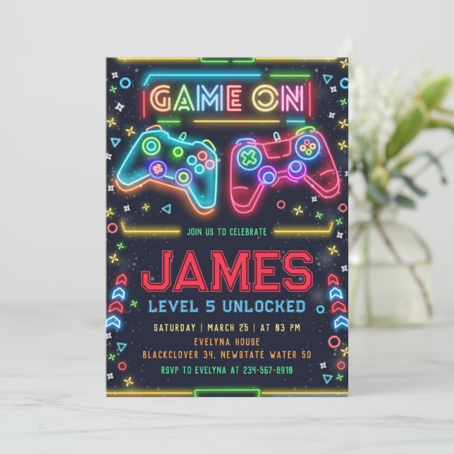 Games on glow 5th Birthday Party Invitation (Standing Front)