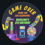 Gaming and Arcade Birthday Thank You Classic Round Sticker<br><div class="desc">GAME OVER! Thank Your guests for attending your arcade themed party. This sticker features an array of modern arcade games and has space to add a thank you note to your guests. Apply these to your party favours for an extra personal touch.</div>