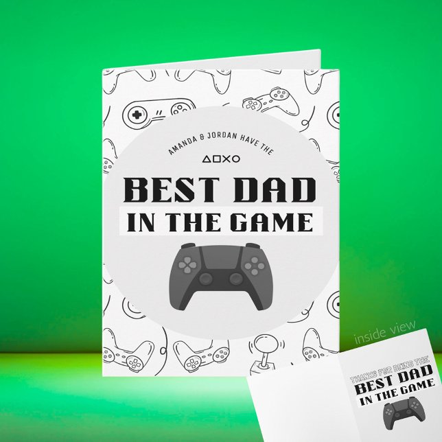 Gaming Best Dad in the Game Personalised Folding Card (Best Dad in the Game Black, White, Grey Video Game Folding Greeting Card for Birthday / Father's Day)