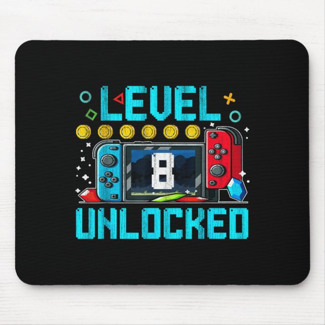 Gaming Boy Level 8 Unlocked 8th Birthday Video Mouse Mat (Front)