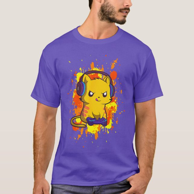 Gaming Cat Cyber Gamer PC Nerdy Kitty Kitten Headp T-Shirt (Front)