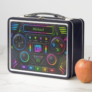 Gaming Controller Kids Neon Game Panel Metal Lunch Box