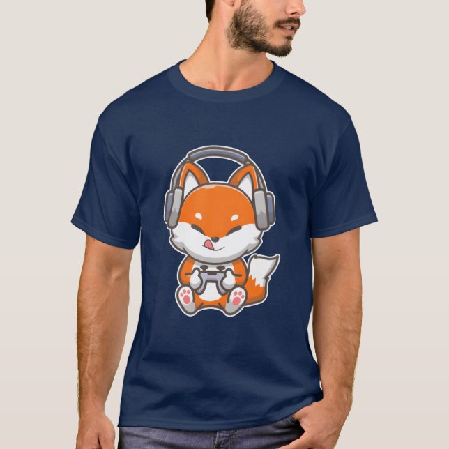 Gaming Cute Kawaii Fo with Headphones Gamer Video  T-Shirt (Front)