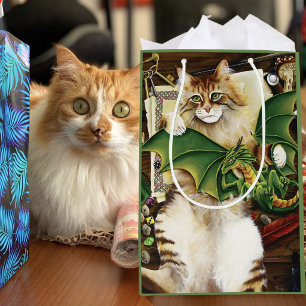 Gaming Fantasy Cat Green Dragon Dice Medium Gift Bag