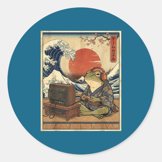 Gaming Frog Art Ukiyo-e Japanese Gamer Anime Men W Classic Round Sticker (Front)