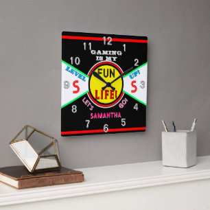 Gaming Fun Kids Name Black Pink Green Square Wall Clock