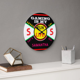 Gaming Fun Life Room Name Black Yellow Pink Large Clock