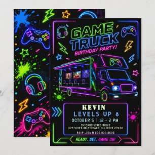 Gaming Fun Neon Glow Game Truck Birthday Invitation