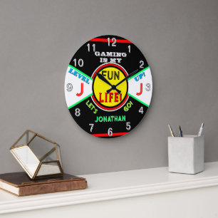 Gaming Fun Room Kids Name Black Blue Green Large Clock