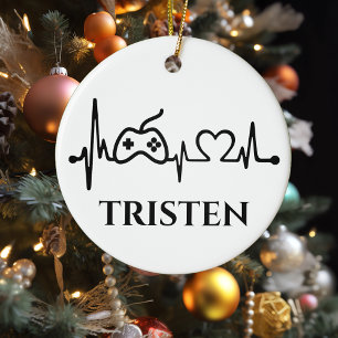 Gaming Gamer Heartbeat Monogram Name  Ceramic Tree Decoration