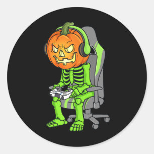 Gaming Halloween Skeleton Jack O Lantern Gamer Boy Classic Round Sticker