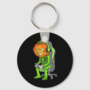 Gaming Halloween Skeleton Jack O Lantern Gamer Boy Key Ring