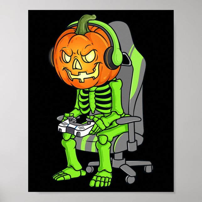 Gaming Halloween Skeleton Jack O Lantern Gamer Boy Poster (Front)