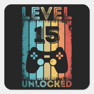 Gaming Level 15 Unlocked 15th Birthday Gift Gamer Square Sticker