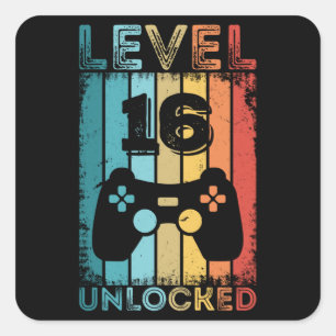 Gaming Level 16 Unlocked 16th Birthday Gift Gamer Square Sticker