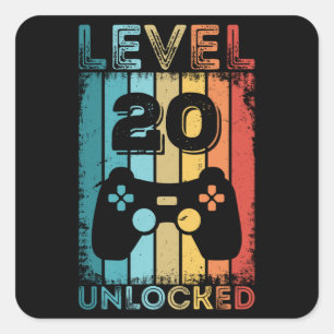 Gaming Level 20 Unlocked 20th Birthday Gift Gamer Square Sticker