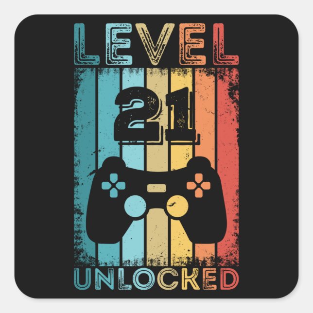 Gaming Level 21 Unlocked 21st Birthday Gift Gamer Square Sticker (Front)