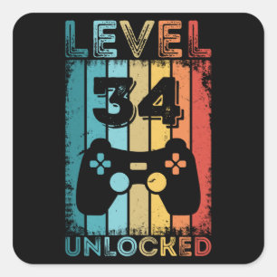 Gaming Level 34 Unlocked 34th Birthday Gift Gamer Square Sticker