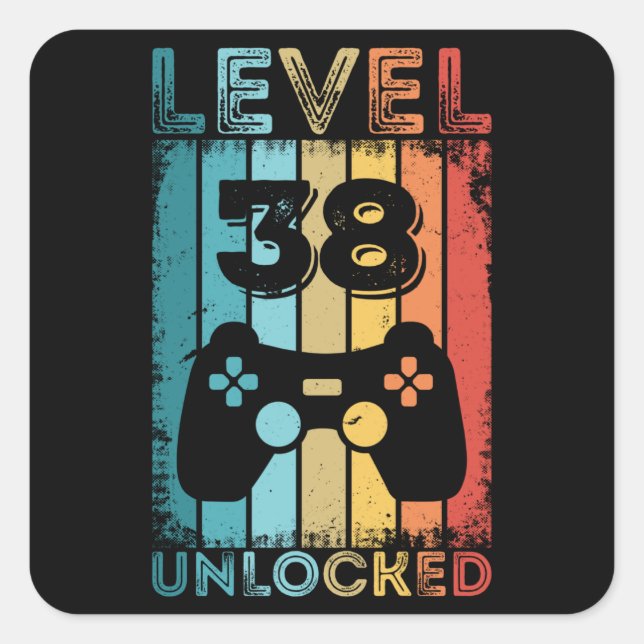 Gaming Level 38 Unlocked 38th Birthday Gift Gamer Square Sticker (Front)