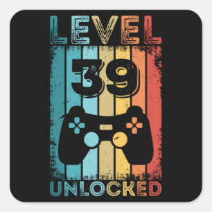 Gaming Level 39 Unlocked 39th Birthday Gift Gamer Square Sticker