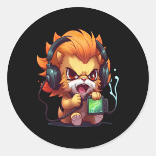 Gaming Lion Video Game Online Cat Gamer Pc Compute Classic Round Sticker