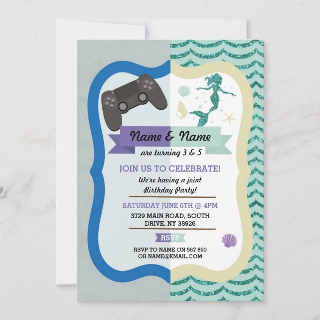 Gaming & Mermaid Joint Boy Girl Birthday Invites (Front)