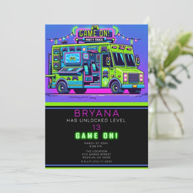 Gaming Truck Purple Green Gamer Birthday Party Invitation (Standing Front)