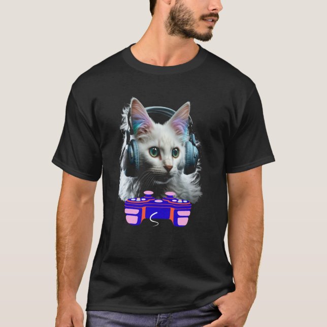 Gaming Turkish Angora Cat Player Animal Video Game T-Shirt (Front)