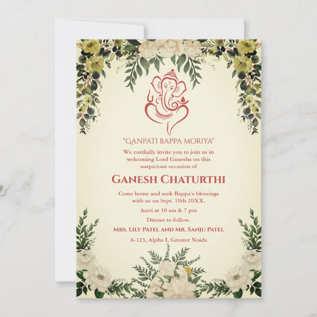 Ganesh Chaturthi Puja Floral Invitation (Front)