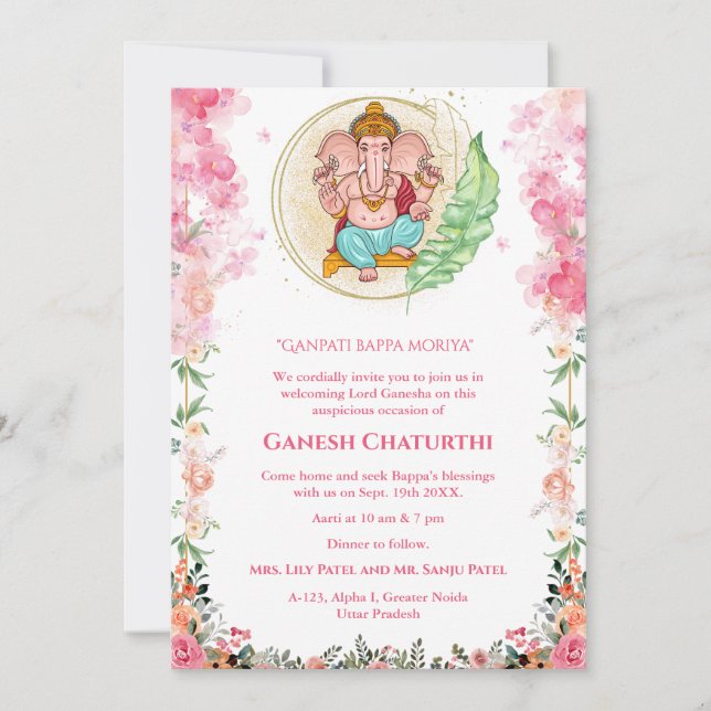 Ganesh Chaturthi Puja Floral Invitation (Front)