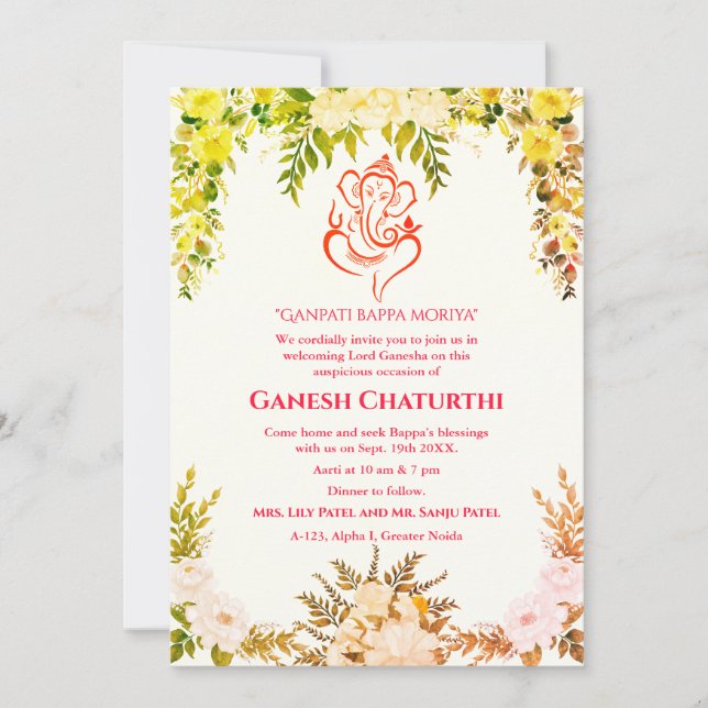 Ganesh Chaturthi Puja Floral Invitation (Front)