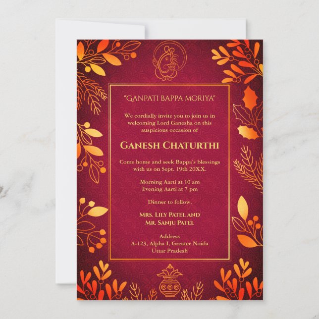 Ganesh Chaturthi Puja Golden Elements Invitation (Front)