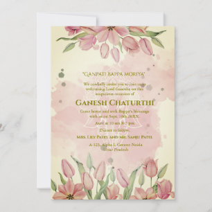 Ganesh Chaturthi Puja Pink Floral Invitation