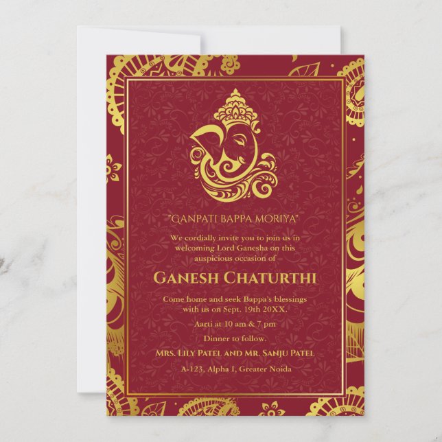 Ganesh Chaturthi Puja Roya Golden Elements Invitation (Front)