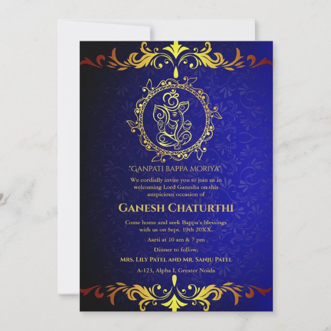 Ganesh Chaturthi Puja Roya Golden Elements Invitation (Front)