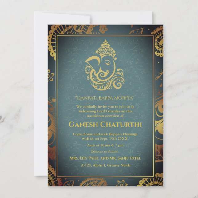 Ganesh Chaturthi Puja Roya Golden Elements Invitation (Front)
