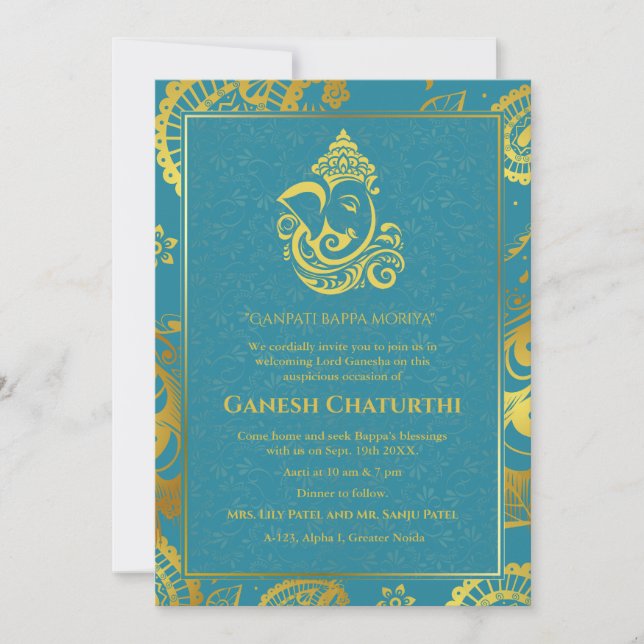 Ganesh Chaturthi Puja Roya Golden Elements Invitation (Front)