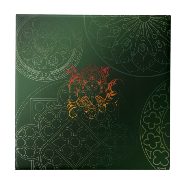 Ganesh Elephant Mandala orange green Yoga Asia Tile (Front)