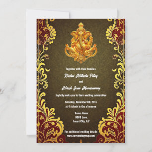 Ganesh gold green Indian traditional Hindi Hindu Invitation