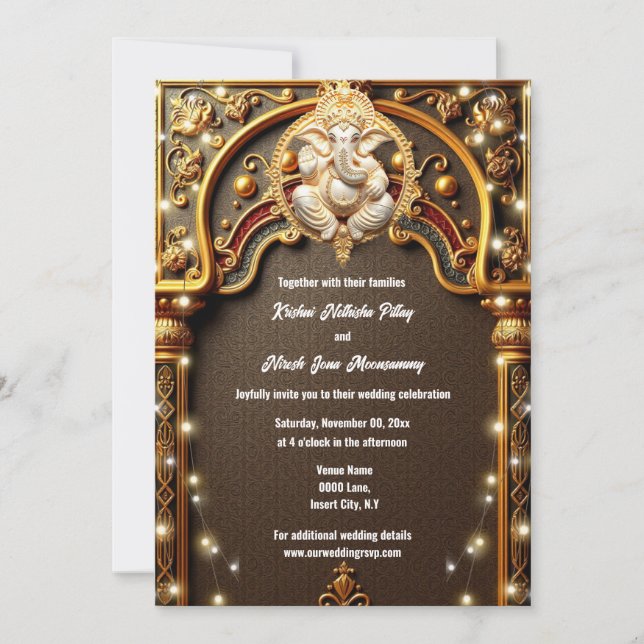 Ganesh gold Indian traditional Hindi Hindu lights Invitation (Front)