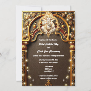 Ganesh gold Indian traditional Hindi Hindu lights Invitation