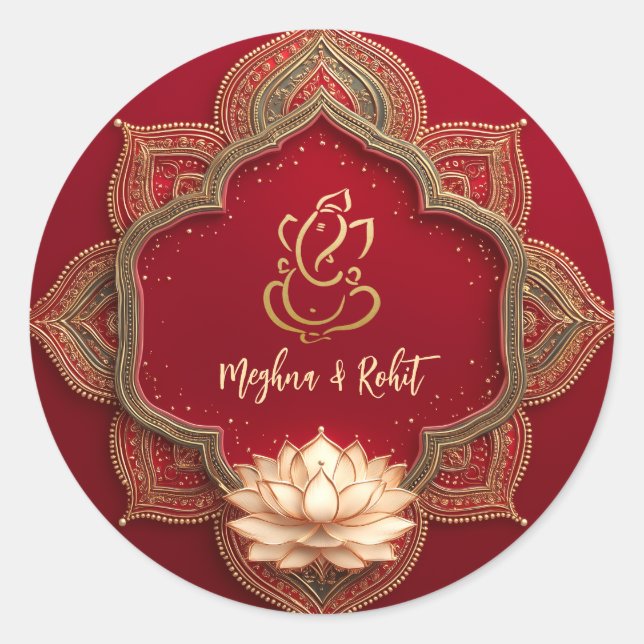 Ganesh Hindu God | Indian Wedding Gold Red Classic Round Sticker (Front)
