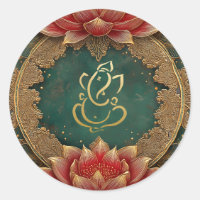 Ganesh Hindu God Wedding | Indian Gold Lotus Green