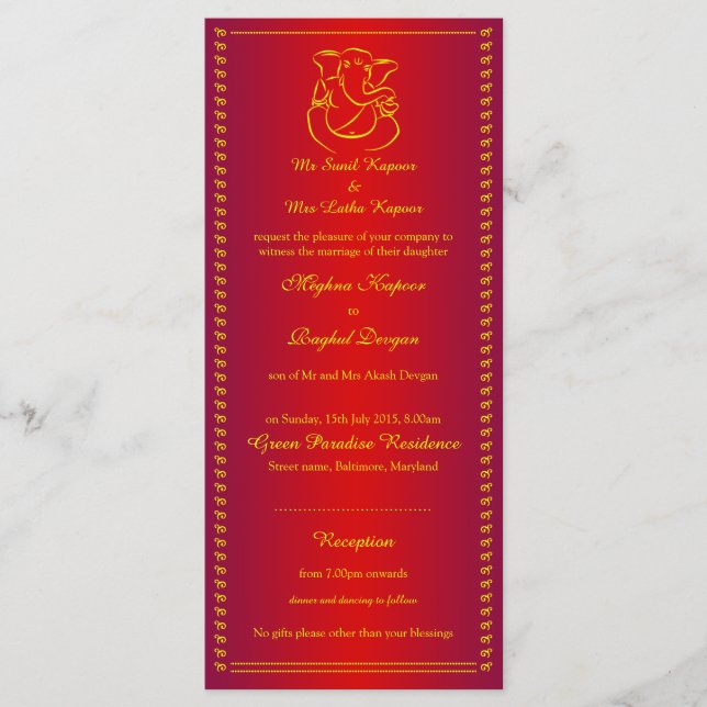 Ganesh | Indian God Red Wedding Rack Cards (Front)