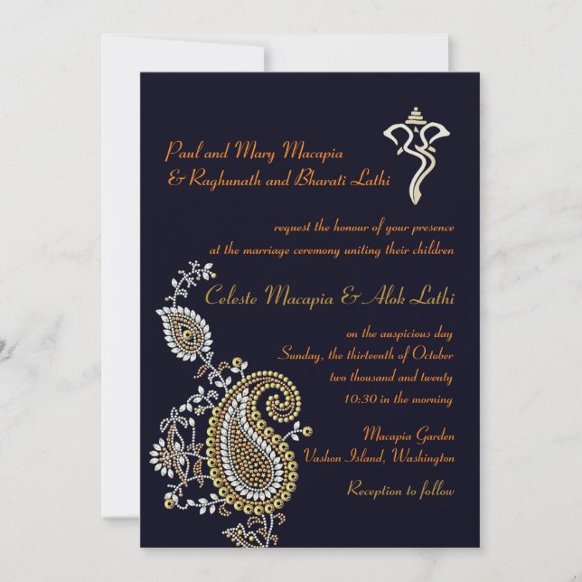 Ganesh Jewelled Gold Silver Paisley Hindu Wedding Invitation (Front)